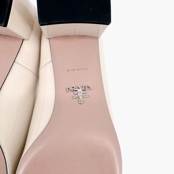 Prada Decolette Triangle Logo Mary Jane Pumps Size 40 US 10 Beige White Low Heel - Picture 14 of 14